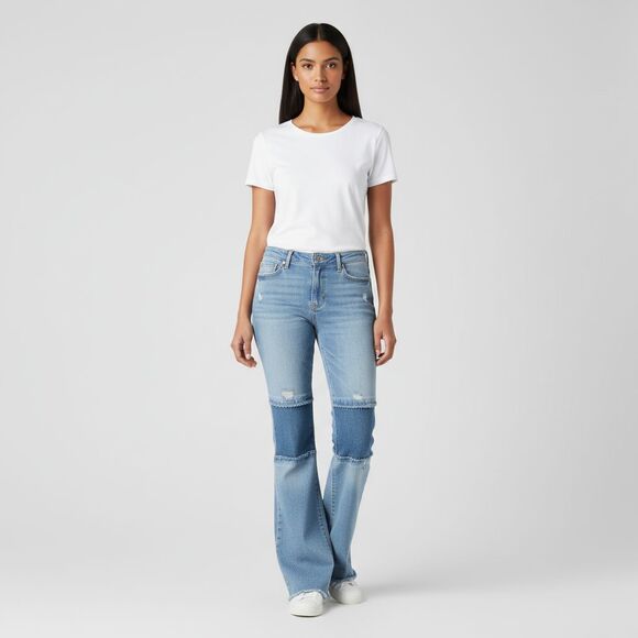 Hudson Denim - Hudson Womens 27 Light Wash Distressed Patchwork Flare Ultra Soft Jeans Raw Hem